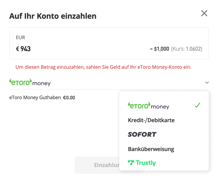 eToro Geld einzahlen