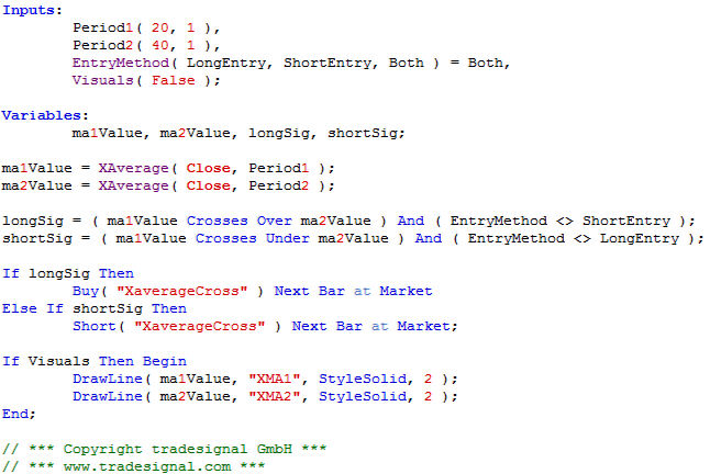 Screenshot: Equilla-Code für ein MA-Crossover-System – www.tradesignalonline.com