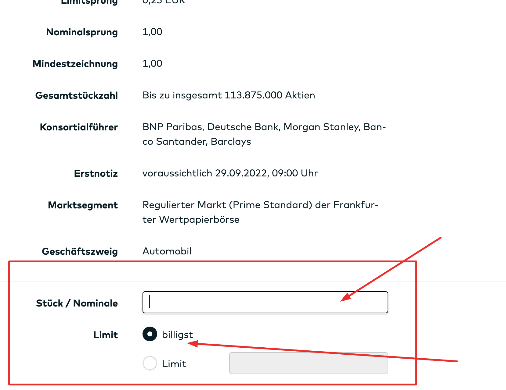 Porsche Aktie zeichnen Ordereingabe